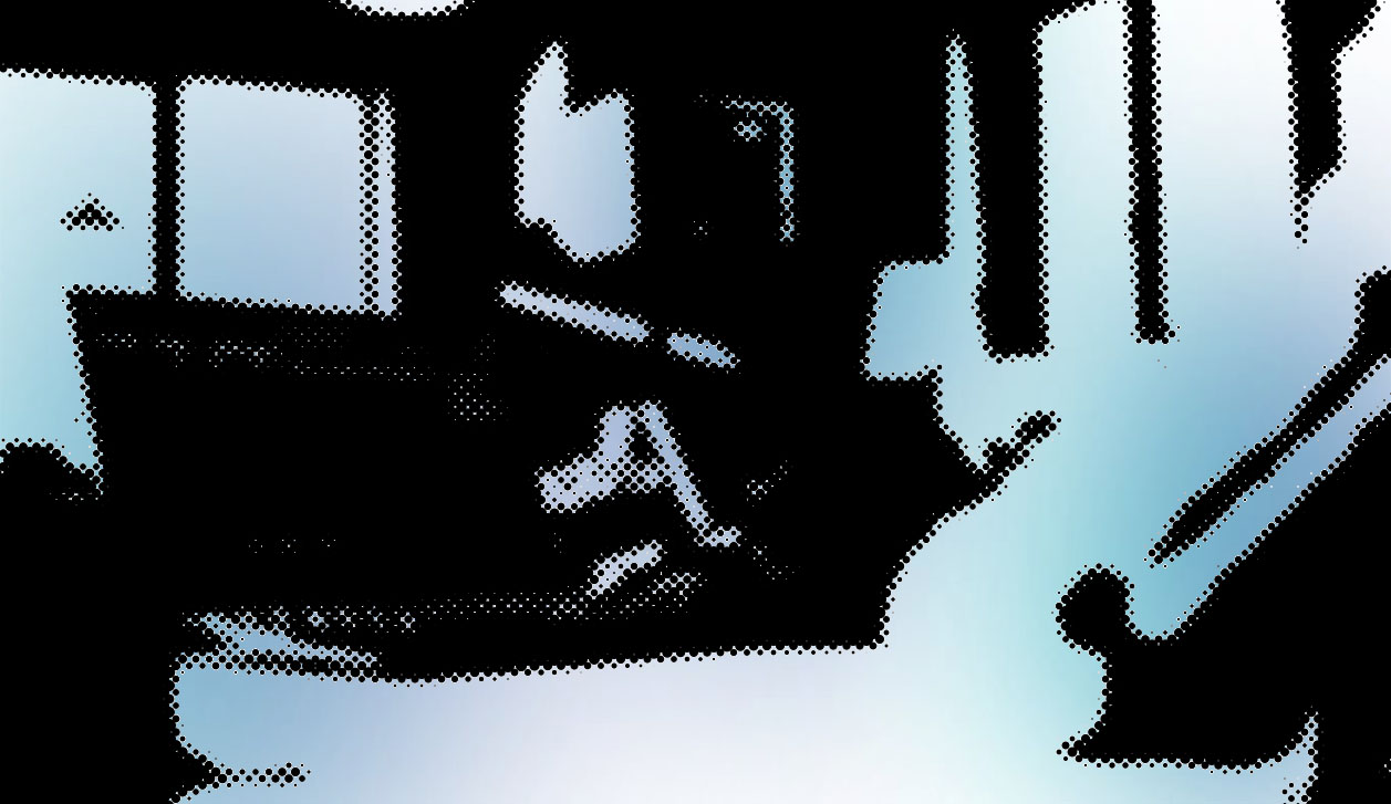 Halftone-style illustration of a modern living room interior with sofa, windows, and furniture in blue and black tones