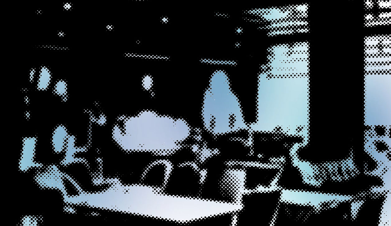 Halftone-style illustration of Top SEO working and socializing in a modern coworking space with tables and chairs.