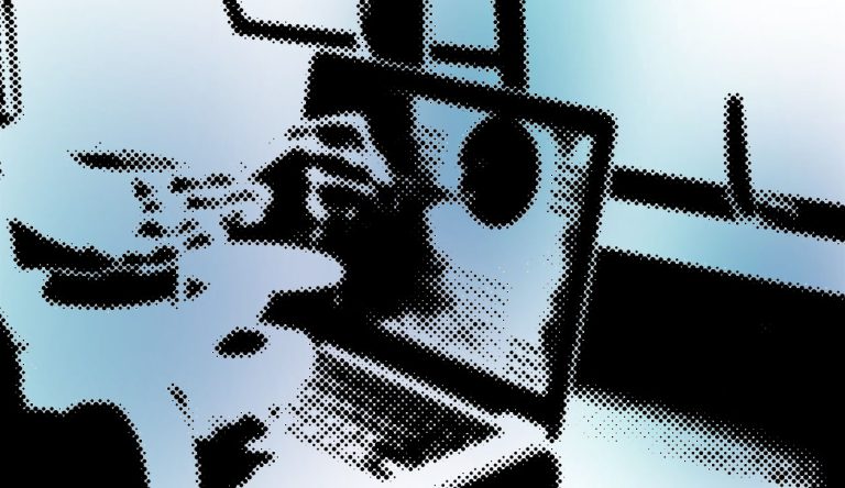 A halftone-styled illustration of an individual working on a laptop at a desk, for Google Ads Article