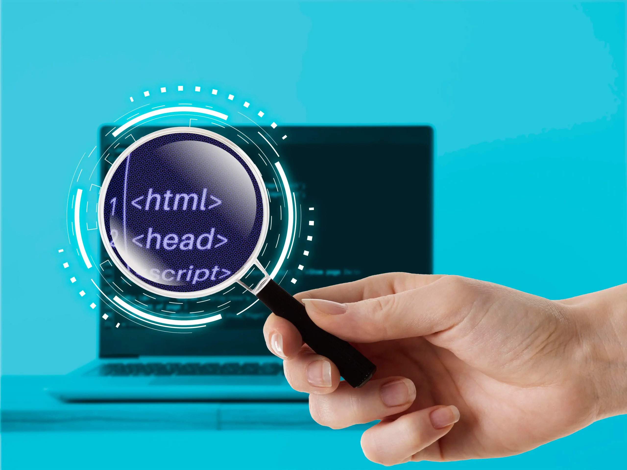 Laptop Background with Hand Handling Magnifying Glass