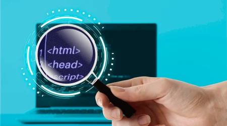Laptop Background with Hand Handling Magnifying Glass